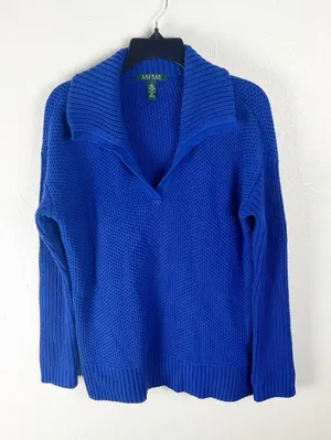 LAUREN RALPH LAUREN Blue Waffle Knit Long Sleeve V-Neck Sweater Small Cabincore thumbnail 1