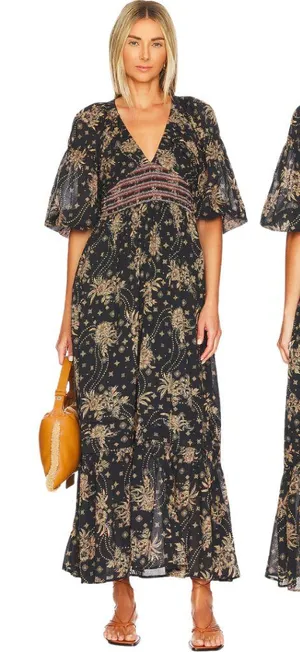 Free People Golden Hour Floral Maxi Dress Women's XS Black Ruffle Smocked Boho thumbnail 1