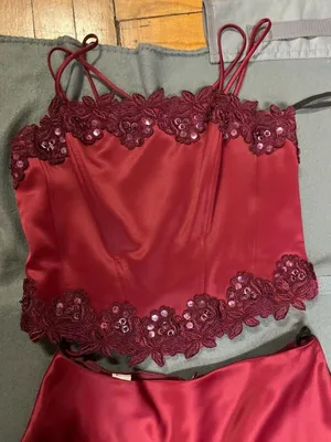 Polka USA Vintage Two-Piece Burgundy Satin Prom Dress Lace-Up Corset Top & Maxi thumbnail 4