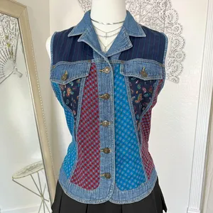 Carole Little Vintage 90s Denim Tapestry Patchwork Button Up Vest Top S thumbnail 3