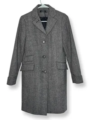 Ralph Lauren Classic Grey Herringbone Wool Trench Coat Sz 2 thumbnail 2