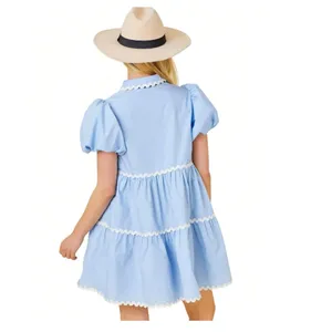 Mainstrip Puffed Sleeve Ric Rac Trimmed Solid Mini Dress‎ Blue Size Large thumbnail 3