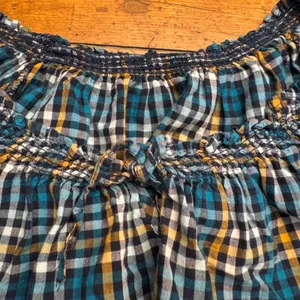 Womens Plaid Smocked Off Shoulder Top Teal Yellow White Black Short‎ Sleeve thumbnail 5