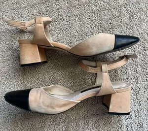 Zara Leather Slingback Block Heel Pump Strappy Beige Black Designer Size 6.5 thumbnail 1