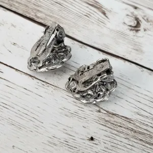 Vintage Clip On Earrings Large Clear Gem with Ornate Dark Silver Tone Halo thumbnail 3