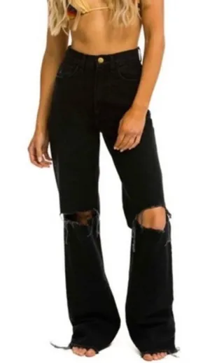 Aviator Nation Gypsy Hi Rise Wide Leg Jean Distressed Denim in Vintage Black 25 thumbnail 1