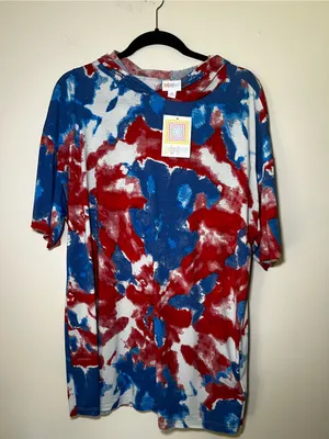LuLaRoe Frankie Red, Blue & White Abstract Tie-Dye Short Sleeve Hoodie thumbnail 1