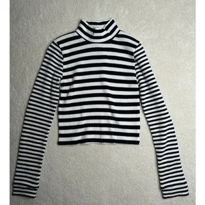 Aerie: Black and White Striped Waffle Mockneck Long Sleeve thumbnail 2