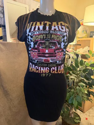 Vintage Racing Club Graphic T-Shirt Dress Fringed Shoulder Size L thumbnail 3
