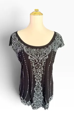 Vintage Y2K Dressbarn Collection Size 18 Black Silver Beaded Party Top USA thumbnail 1