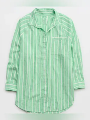 Aerie Green White Striped Linen Blend Coverup Button-Up Shirt - size L thumbnail 14