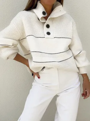 Commense White & Navy Open Collar 1/4 Button Up Sweater S NWT thumbnail 1