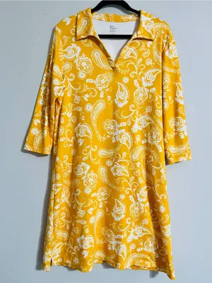Kim Rogers Mustard Yellow Paisley Tunic Shirt Dress L Cotton Preppy Retro Mod thumbnail 2