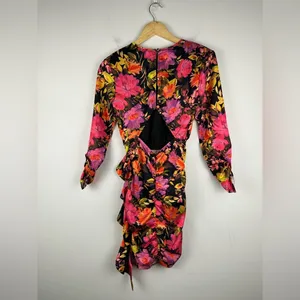 For Love and Lemons Dakota Black Floral Satin Long Sleeves Ruffle Dress Sz XXS‎ thumbnail 9