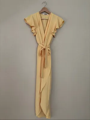 Amanda Uprichard Martinique Yellow Wrap Dress With Flutter Sleeves and Tie Waist thumbnail 2