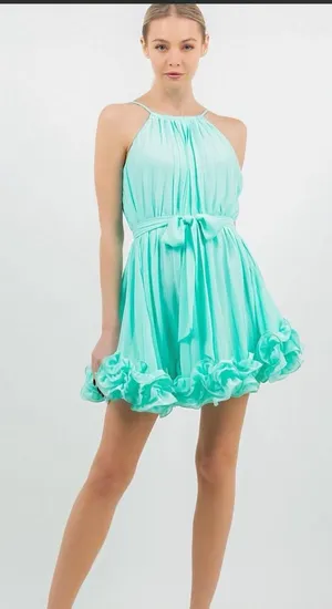 Miss Avenue Chiffon Allover Pleated Tie Waist Wired/Bubble Hem Mini Dress thumbnail 1