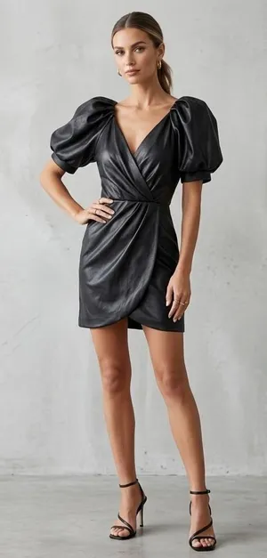 Amanda Uprichard Faux Leather Puff Sleeve Mini Dress Black Wrap V-Neck Small thumbnail 1