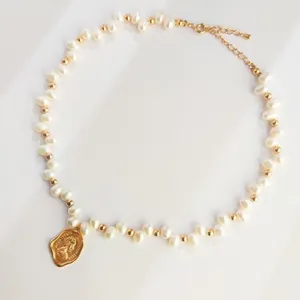 NEW Queen Pendant Necklace Real 18k Gold Sterling Silver Real Pearl Jewelry thumbnail 1