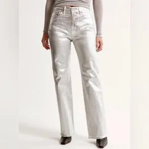 Abercrombie‎ & Fitch Curve Love 90s Relaxed High Rise Metallic Silver Jeans 14L thumbnail 2