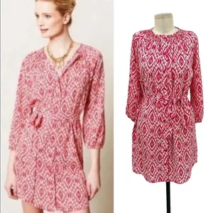 Anthropologie Maeve Ikat Shirt Dress‎ Mini Tie Belt Print Pink White Size XS thumbnail 2