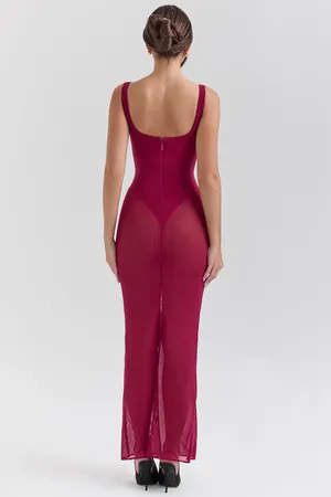 House of CB Robina Wine Stretch Mesh Maxi Dress thumbnail 4