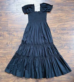 Anthropologie O.P.T. • Daphne Square Neck Smocked Maxi Dress black cotton poplin tiered thumbnail 2