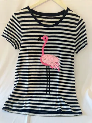 J. Crew Navy & White Striped Tee with Pink Sequin Flamingo thumbnail 1