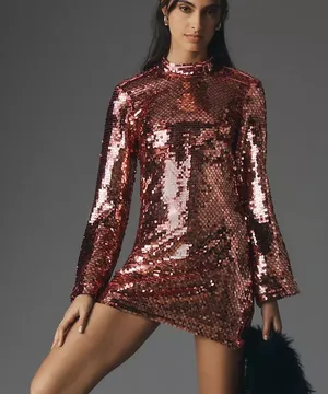 Anthropologie Maeve Long-Sleeve Mock-Neck Sequin Mini Dress thumbnail 1