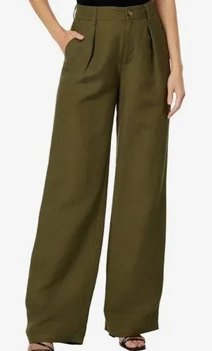 wide leg, high rise, pleated linen blend pants in army green size 6. NWOT thumbnail 1