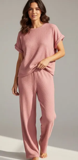 Zenana Waffle Knit Short-Sleeve pant Set in Dusty Rose size Large thumbnail 1