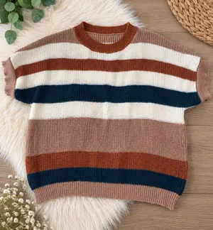 Women’s Striped Knit Short Sleeve Sweater – Multicolor thumbnail 1