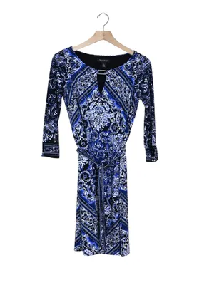 WHBM Women's XS Blue Black Blouson Patterned Keyhole Belted Mini Dress thumbnail 3