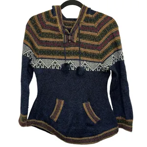 Alpaca‎ Boho Fair Isle Hooded Sweater Pullover w/ Pockets Cozy Festival Style thumbnail 2