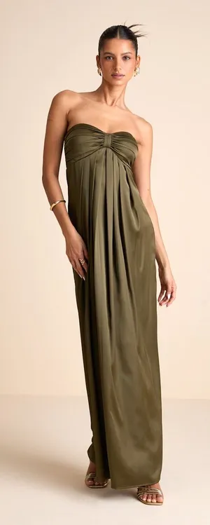 NWT Lulus Memorable Entrance Olive Green Strapless Satin Maxi Dress Holiday 1X thumbnail 1