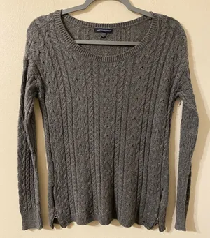 Women’s Gray American Eagle Rib Knit Side Zipper Crewneck‎ Sweater Size Medium thumbnail 1