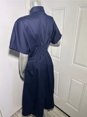Quince Stretch Cotton Poplin Pleated Midi Shirt Dress Deep Navy Womens Size S thumbnail 4