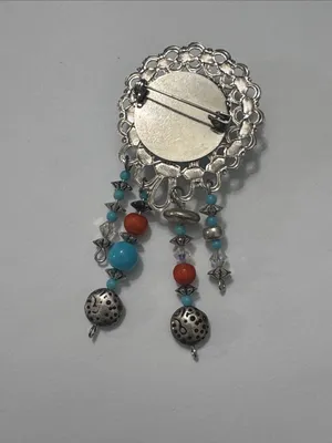 Vintage Turquoise& Coral Dangle Brooch — Silver-Tone Women’s Jewelry thumbnail 2