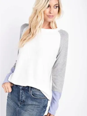 1.4.3. Story by Line Up White Body Grey Sleeves Lavender Cuffs Crewneck Sweater thumbnail 2