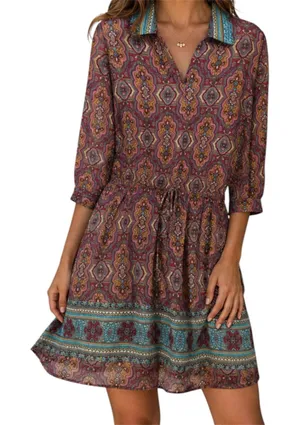 Stetson Blouson Dress Printed Collared V Neck 3/4 Sleeve Pink Multicolor Large thumbnail 1