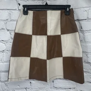 FRNCH Paris Faux Leather Skirt S Brown Cream Patchwork Retro Boho Hippie thumbnail 2