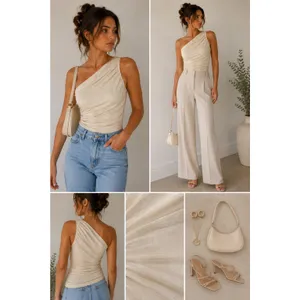 Cream One Shoulder Ruched Top Womens Small Shimmer Stretch Going Out thumbnail 2