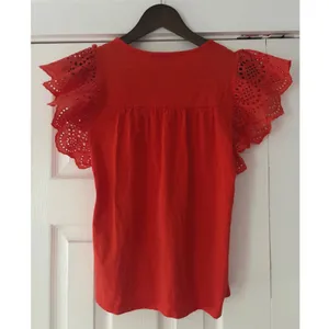 J.Crew Womens XXS Red Eyelet Flutter Sleeve Pom Pom Trim‎ Slub Cotton Top thumbnail 2