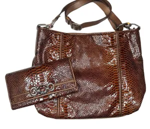 Vintage Brighton Set Brown Snake Print Purse Bag Slouchy Leather Matching Wallet thumbnail 1