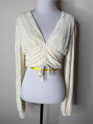 ShowPo Ivory Satin Jondra Ruched Front Long Sleeve Plisse Blouse NWT 4 thumbnail 2