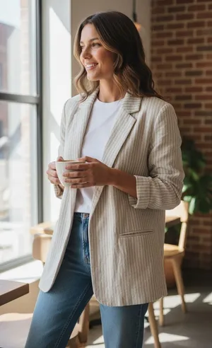 Abercrombie &‎ Fitch Womens L Tan White Striped Linen Blend Open Front Blazer thumbnail 1