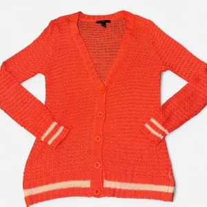 Forever 21 Bright Coral Knit Cardigan with Cream Varsity Stripes, Medium thumbnail 1