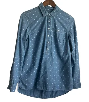 Tommy Hilfiger Women‎ Chambray Popover Shirt S Blue Polka Dot Coastal Preppy thumbnail 1