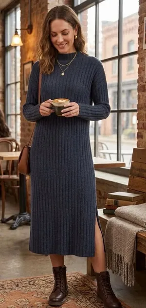 aerie Ribbed Knit Midi Sweater Dress in Grey Size M thumbnail 1