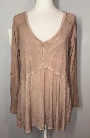 POL boho Long Sleeve V Neck Tunic Top Ribbed Knit Casual Blouse pink‎ beige thumbnail 1