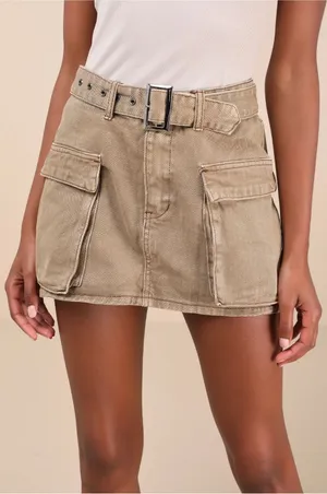 Lulus Cool Theme Washed Light Brown Denim Belted Cargo Mini Skirt thumbnail 1